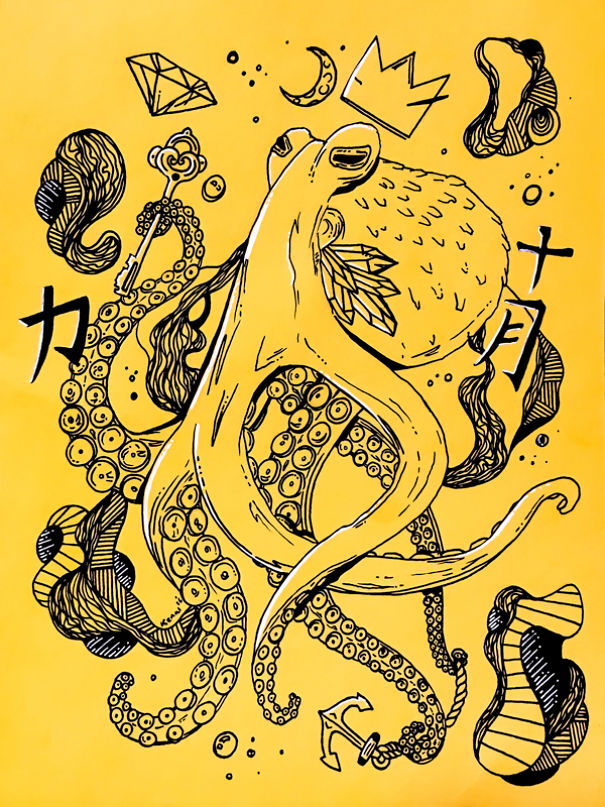 Symbolic Royal Octopus Drawing Created With An Ink Pen