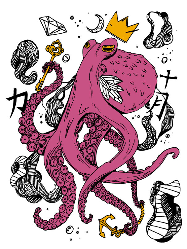 Symbolic Royal Octopus Drawing Created With An Ink Pen
