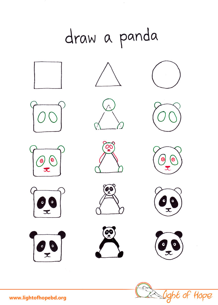 Step-by-step drawing of a panda using simple shapes square triangle and circle for animal drawing.