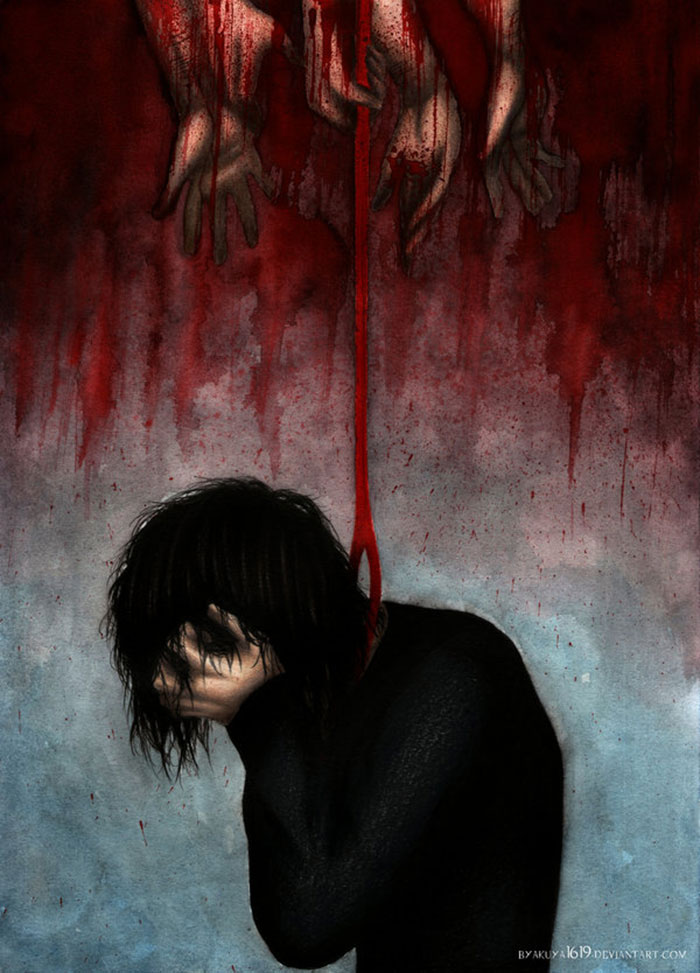 Artistic portrayal of depression featuring a figure with dark hair covering their face, beneath grasping red hands.
