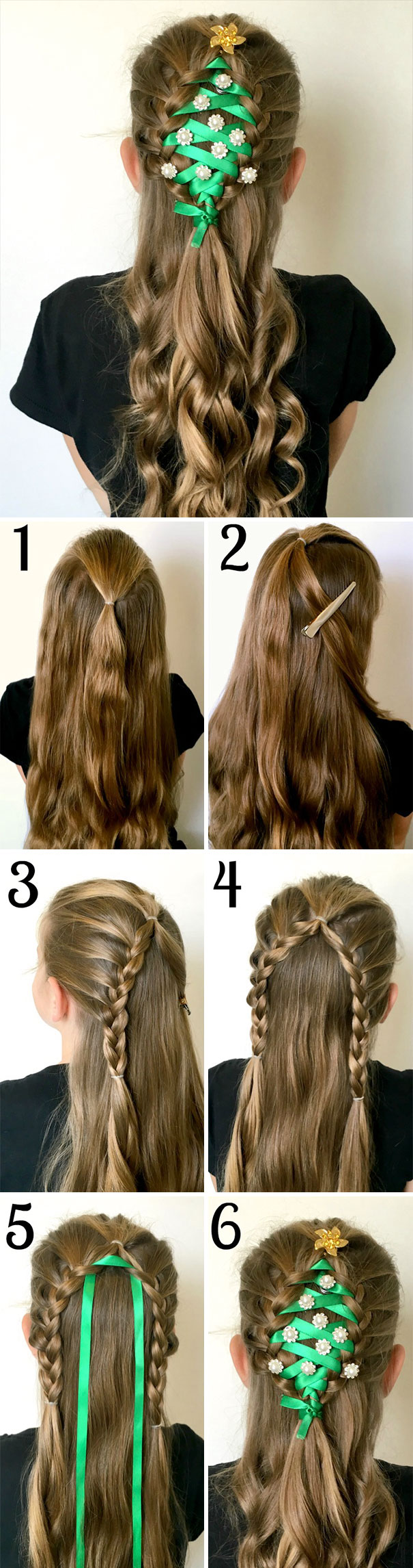 Creative Christmas hairstyle with braided hair and green ribbon resembling a decorated Christmas tree.