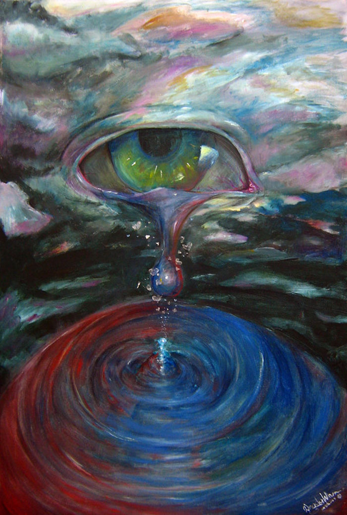 Eye shedding a tear into colorful ripples, depicting depression through art.