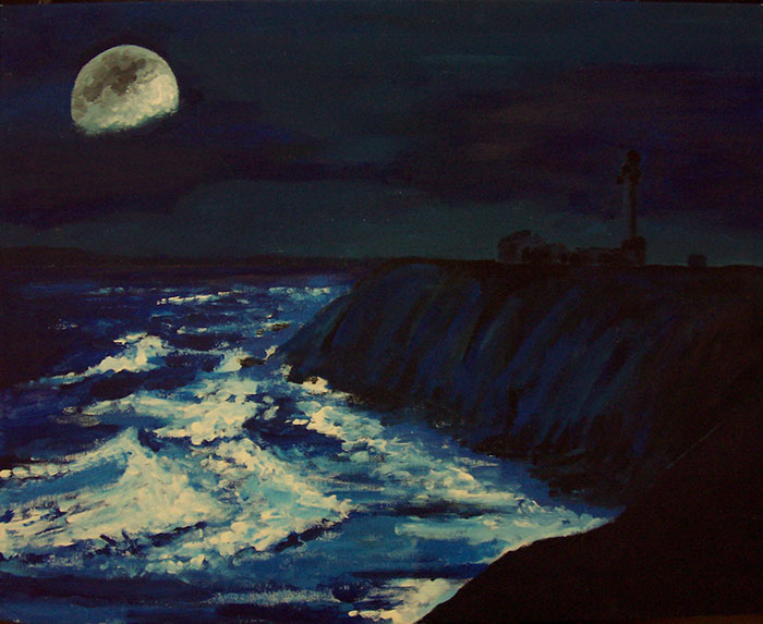 An artist's depiction of depression with a dark, stormy sea and a full moon illuminating the waves.