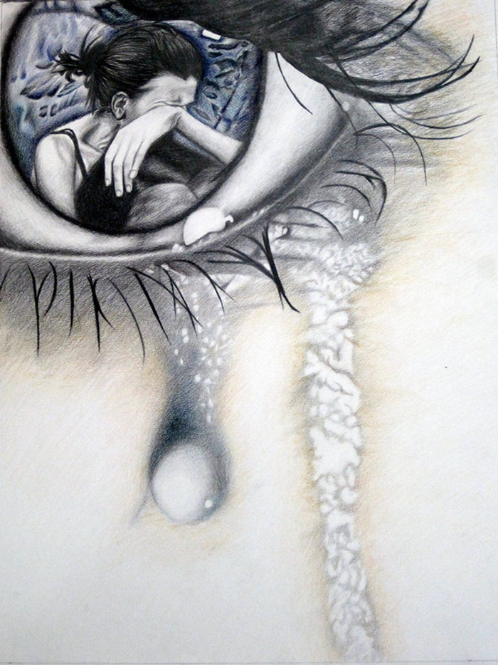 Drawing of a person curled up inside an eye, symbolizing depression through surreal imagery and detailed pencil work.