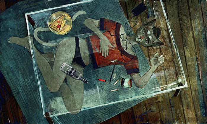 Anthropomorphic cat lying on a table with a bottle and earphones, illustrating the theme of depression.