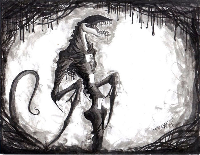 Abstract creature representing depression with dark, tangled lines and a skeletal form, evoking a sense of gloom and despair.