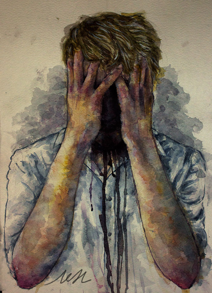 Watercolor painting of a person hiding their face, symbolizing what depression looks like.