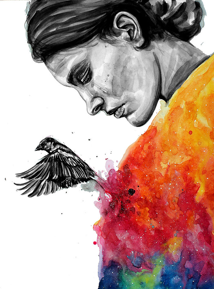 Watercolor painting of a woman with a colorful aura and a bird, depicting depression through art.
