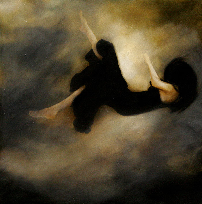 A person in a black dress falling through a dark, hazy background, depicting depression through art.