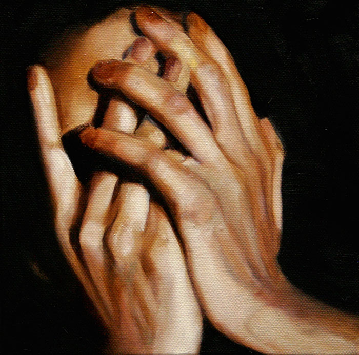 "Painting depicting depression with hands covering a face, illustrating emotional struggle through expressive art."