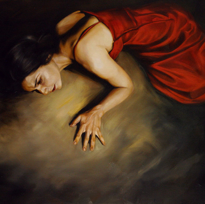 A woman in a red dress lying on the floor, conveying depression through art.
