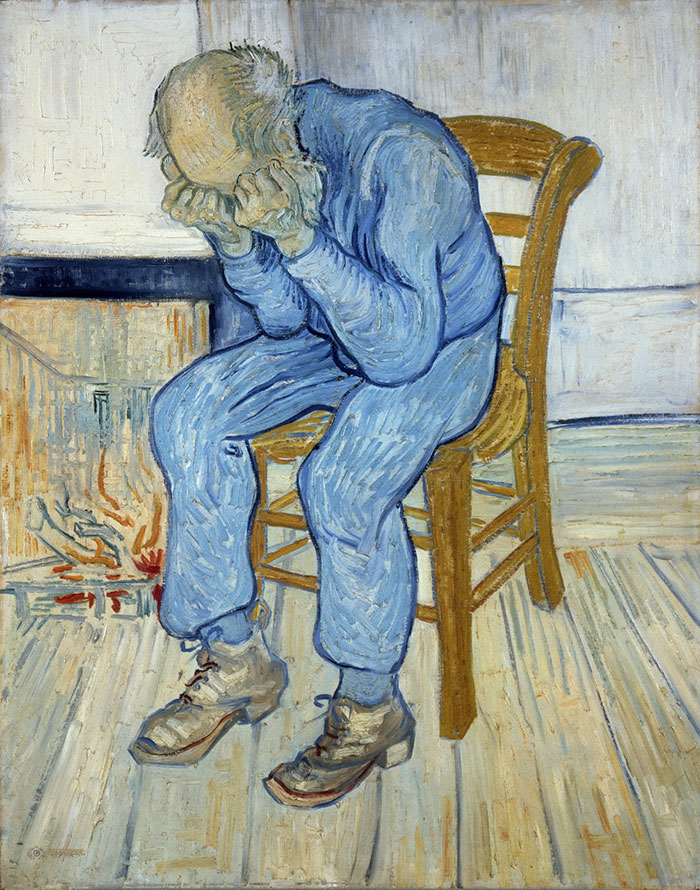 An elderly man in blue sits on a chair, head in hands, embodying depression through art.