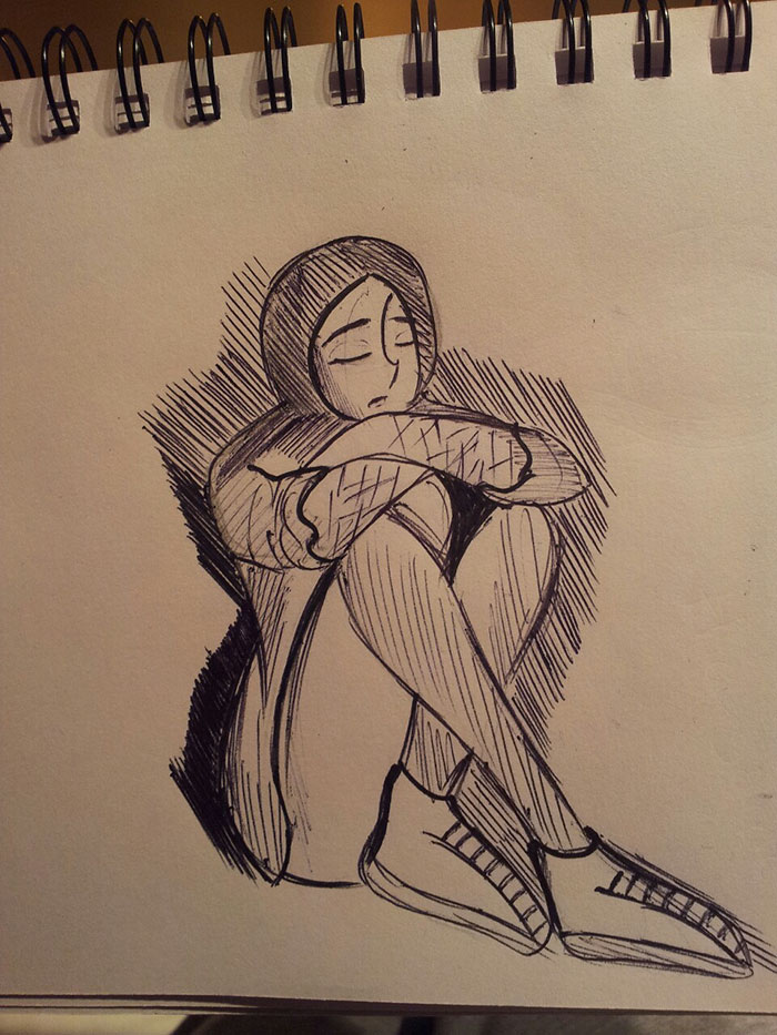 Illustration depicting depression, showing a person sitting with closed eyes, arms wrapped around knees.