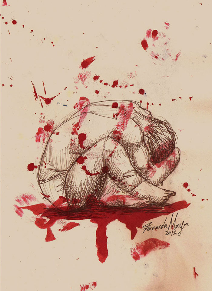 Artwork depicting depression with a crouched figure outlined in red paint splatters.