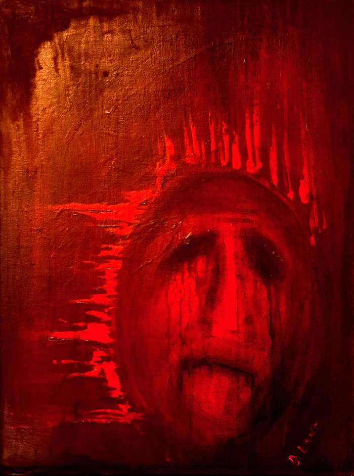 Abstract painting using dark red hues to depict a face, illustrating the concept of depression in art.