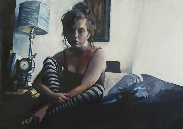 Painting of a woman sitting on a bed, depicting depression with a moody atmosphere and striped leggings.