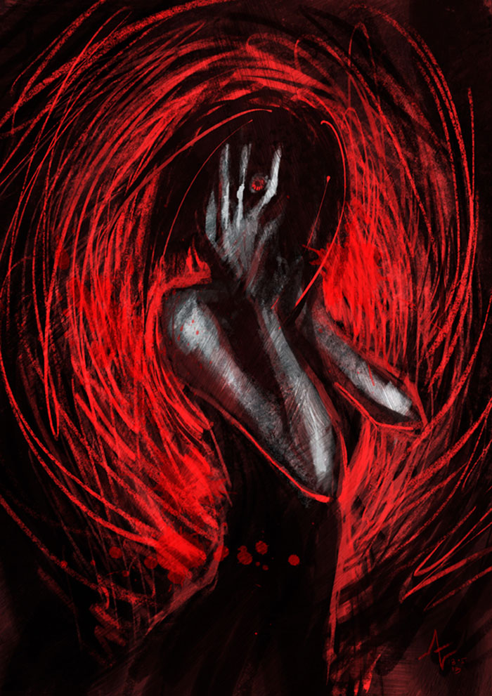 Abstract depiction of depression using dark colors and red swirling lines around a figure.