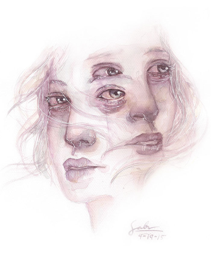 Abstract watercolor illustrating multiple faces representing depression.