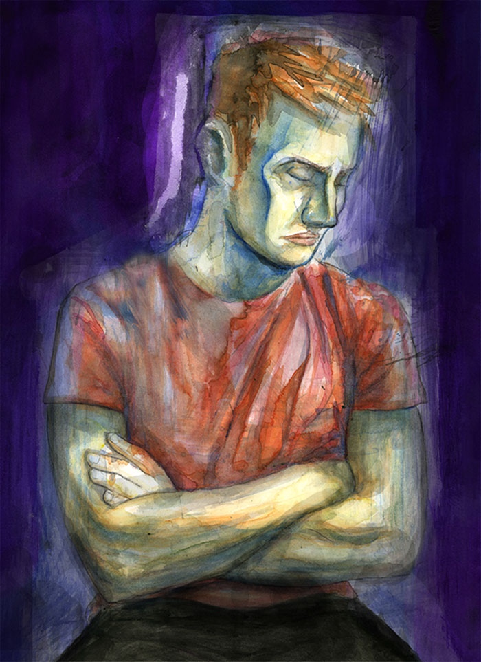 Watercolor painting of a person with closed eyes and crossed arms, illustrating the concept of depression.
