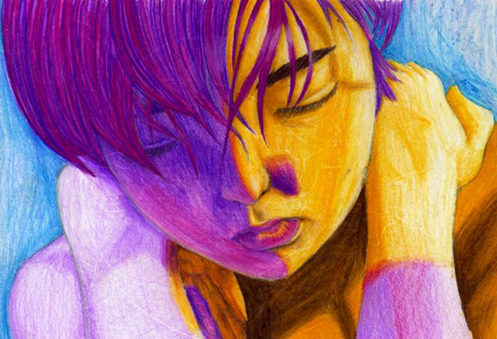 Artistic depiction of depression through vibrant colors and an expression of deep thought and emotion.