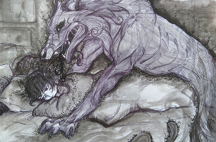 Artistic depiction of depression as a dark, monstrous creature looming over a person in bed.