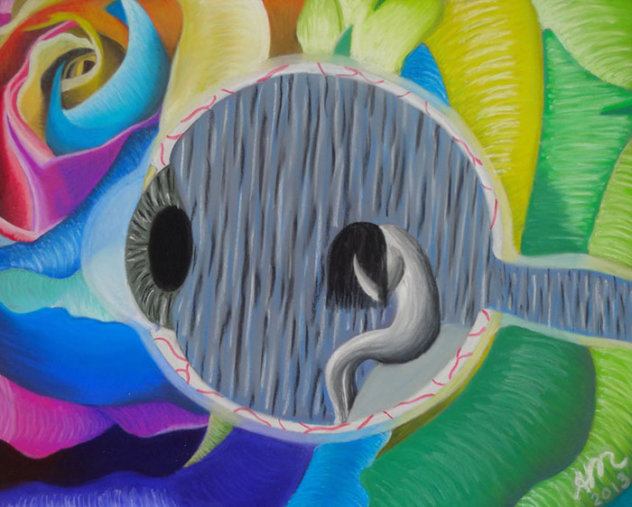 Colorful artwork by an artist depicting depression with grey tones and abstract forms surrounded by vibrant hues.