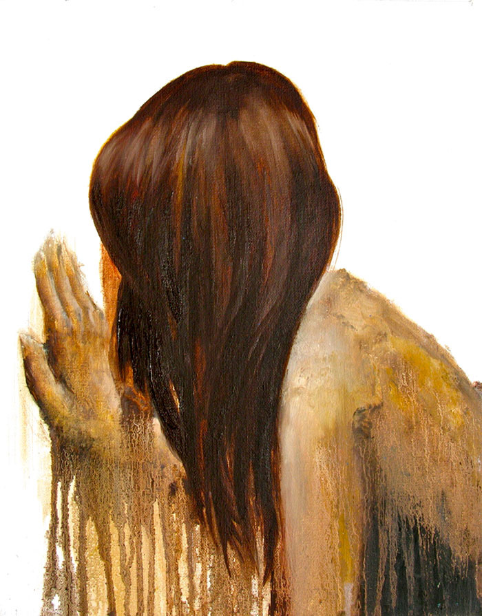 A painting of a person with long hair facing away, evoking the depiction of depression through dripped, muted tones.
