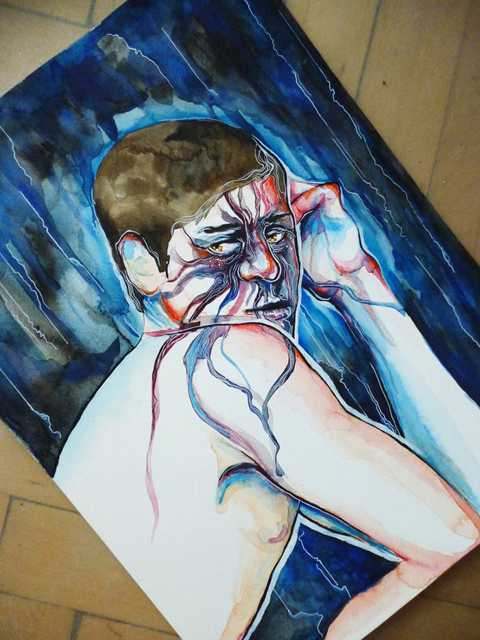 Watercolor painting depicting an abstract interpretation of depression, featuring a figure with a somber gaze and vivid colors.