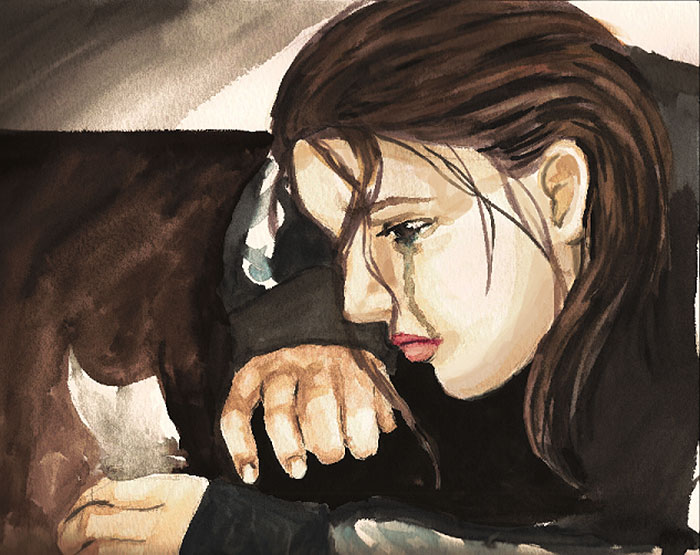 Painting of a woman with tears, showing what depression looks like.