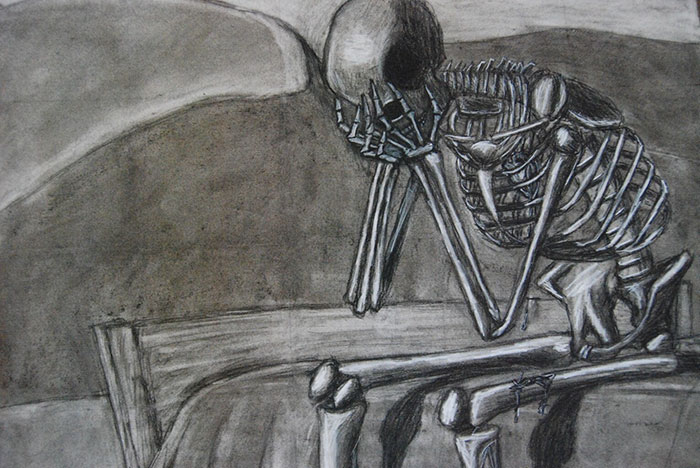 A skeletal figure sitting with its head in hands, symbolizing depression.