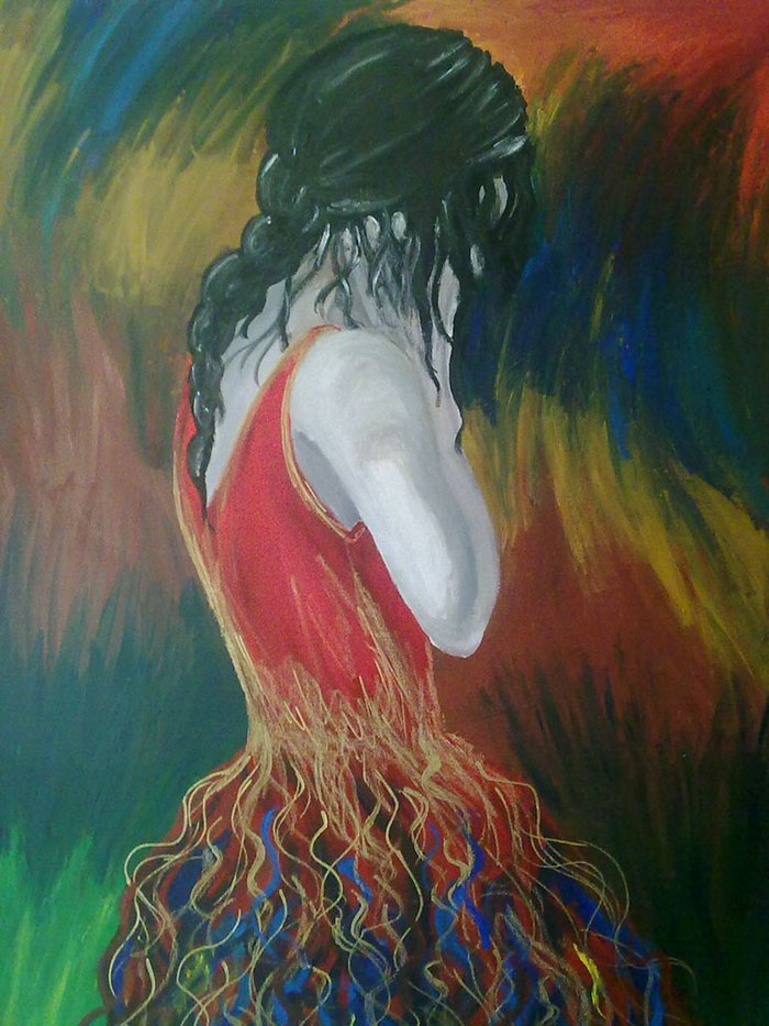 Painting of a woman in a red dress with her head down, conveying the essence of depression in colorful abstract strokes.
