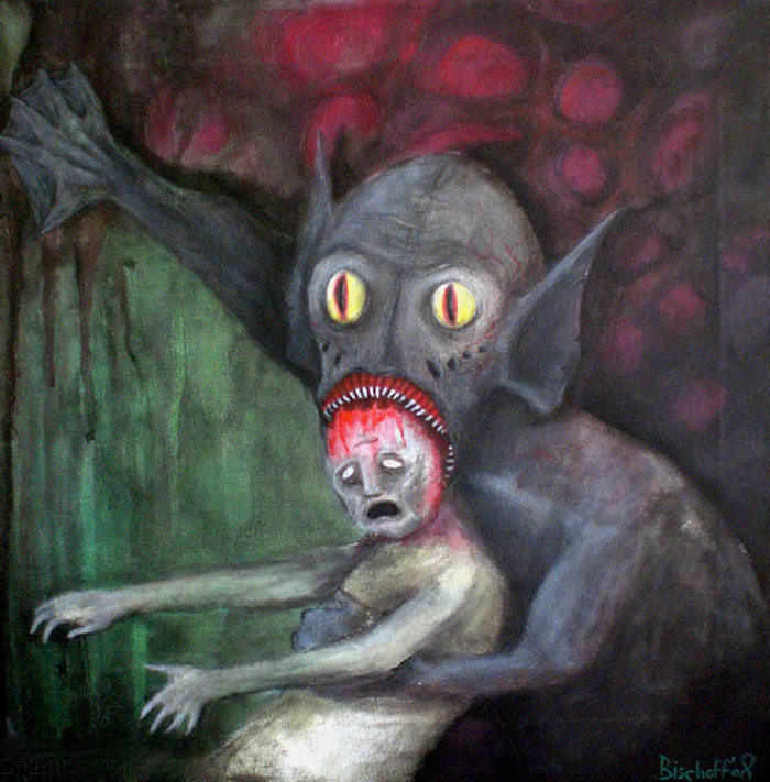 A surreal depiction of depression, featuring a creature enveloping a distressed figure in a dark, eerie setting.