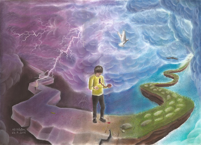 A surreal depiction of depression, showing a child holding a wilted flower on a cloudy path.