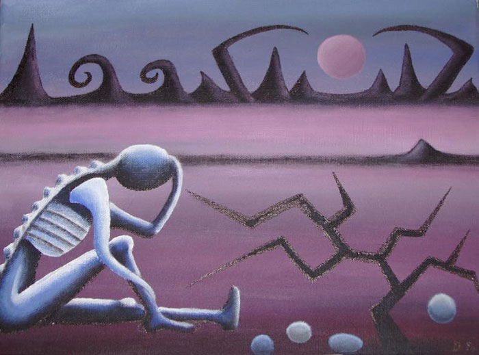 A skeletal figure in a desolate landscape representing depression, with a c*****d ground and ominous sky.
