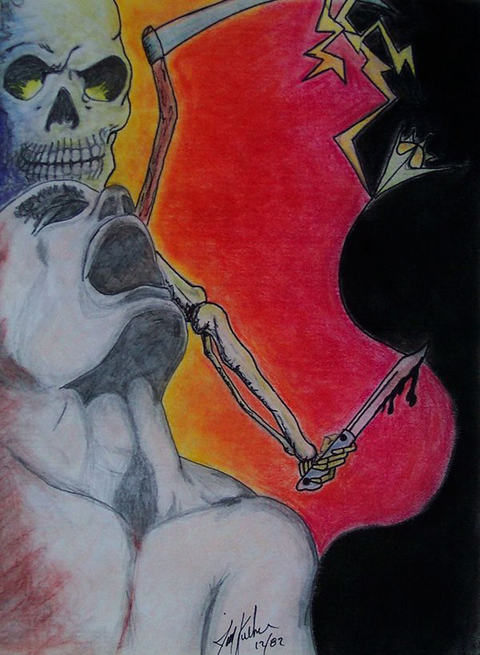 Artwork depicting depression with a skeletal figure and dark, ominous elements against a vibrant red and orange background.