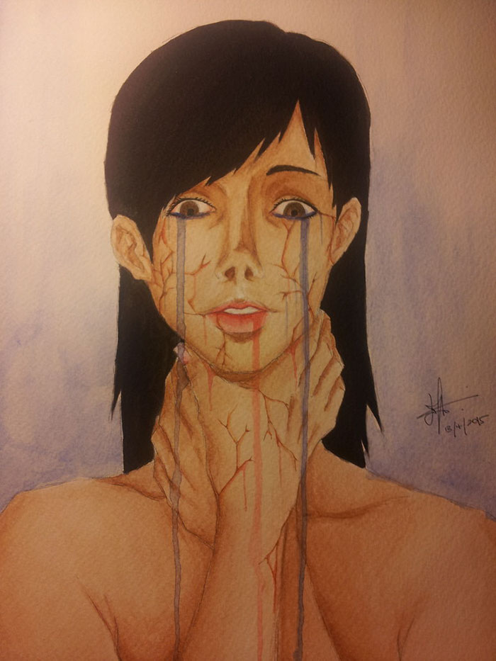 A watercolor painting of a person with dark hair, tears turning into cracks on the face, depicting depression visually.