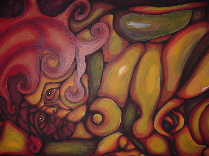 Abstract painting with swirling shapes and warm colors representing depression.