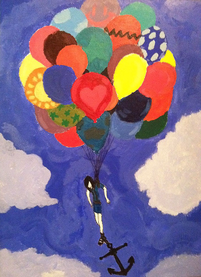 Artwork depicting depression: a person floating with colorful balloons attached to an anchor, set against a cloudy sky.