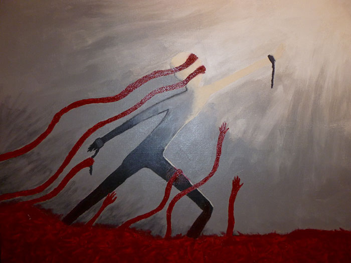 Abstract depiction of depression with a figure restrained by red tendrils, symbolizing struggle and emotional pain.