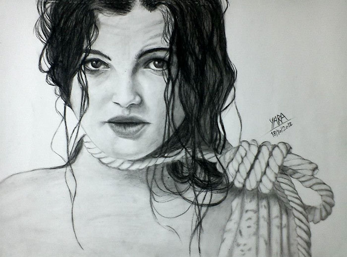 Charcoal drawing depicting depression, featuring a woman with tangled hair and ropes.