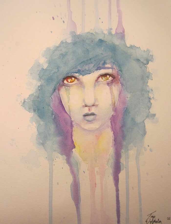 Watercolor painting by artist depicting a face with sad expression, symbolizing depression through colors and drips.