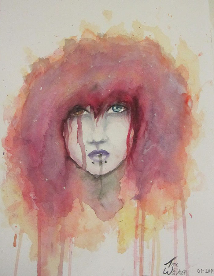 Watercolor painting depicting depression with a melancholic face surrounded by red and orange hues.