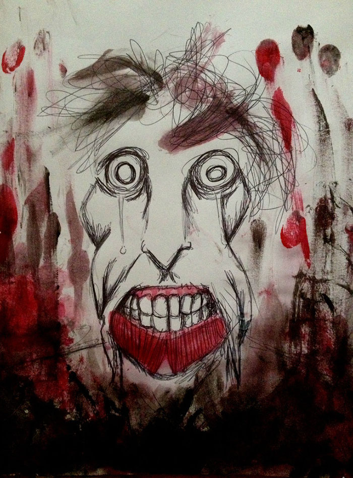 Chaotic artwork depicts what depression looks like, using dark colors, distorted features, and intense expressions.