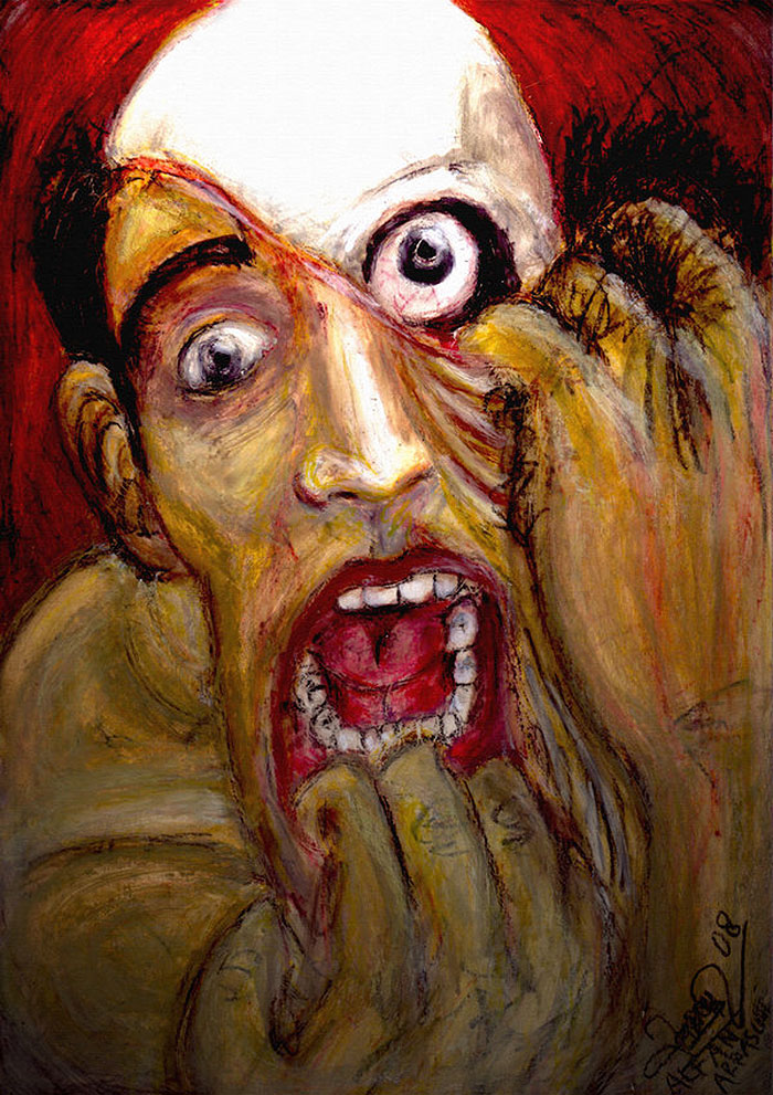 Abstract painting depicting a distorted face, representing the concept of depression through vivid colors and intense expression.