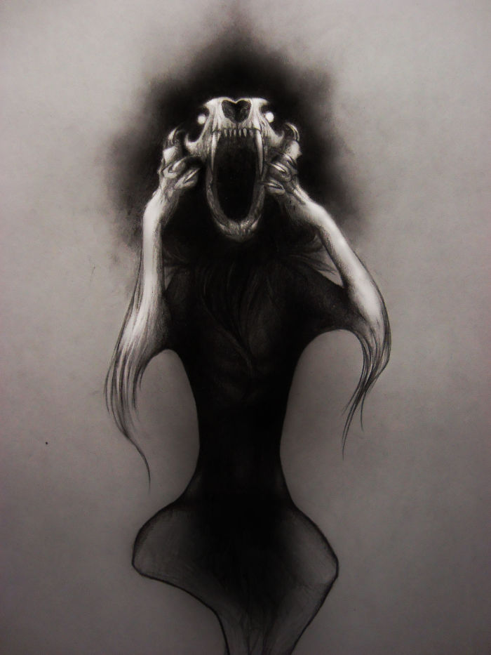Abstract drawing of a dark, ghostly figure with an open mouth, illustrating depression through haunting imagery.
