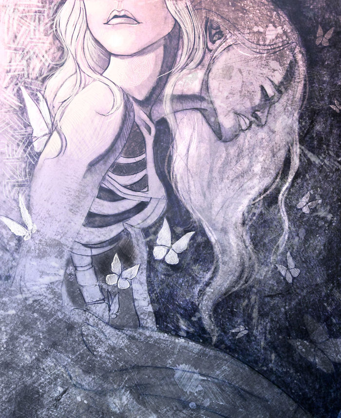 Artwork by an artist illustrating depression with ethereal female figures and delicate butterflies in a somber setting.