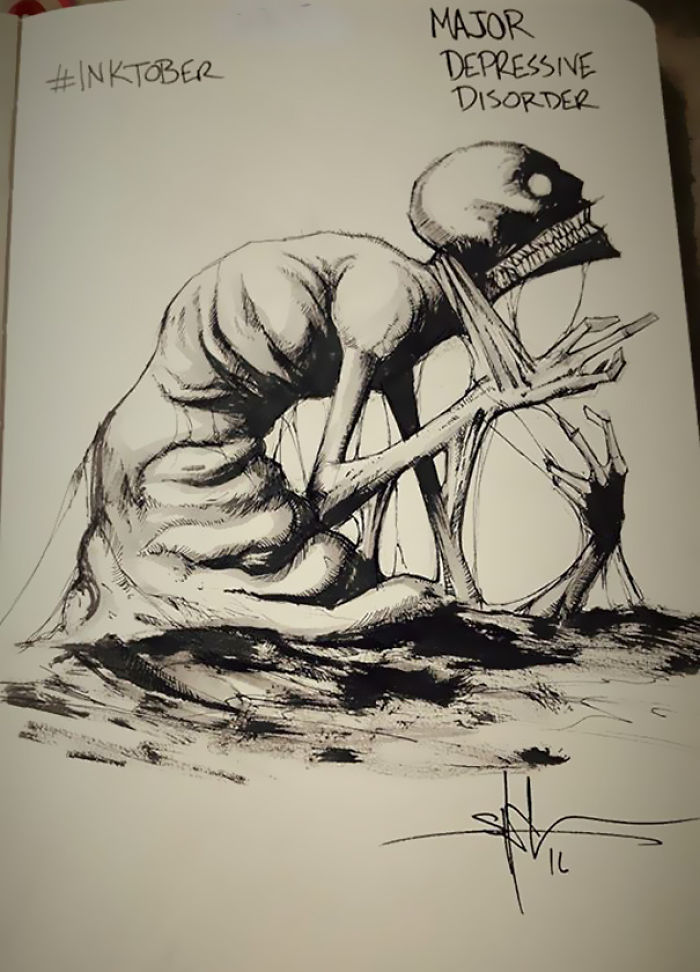 Drawing of a skeletal creature representing depression, sketchy lines and dark tones convey emotion and struggle.