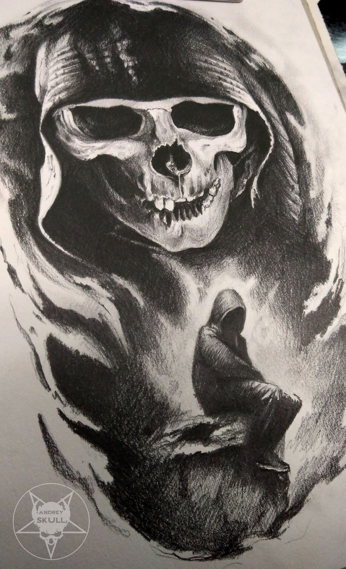 A black and white drawing depicting depression with a cloaked figure and a skull in the background.