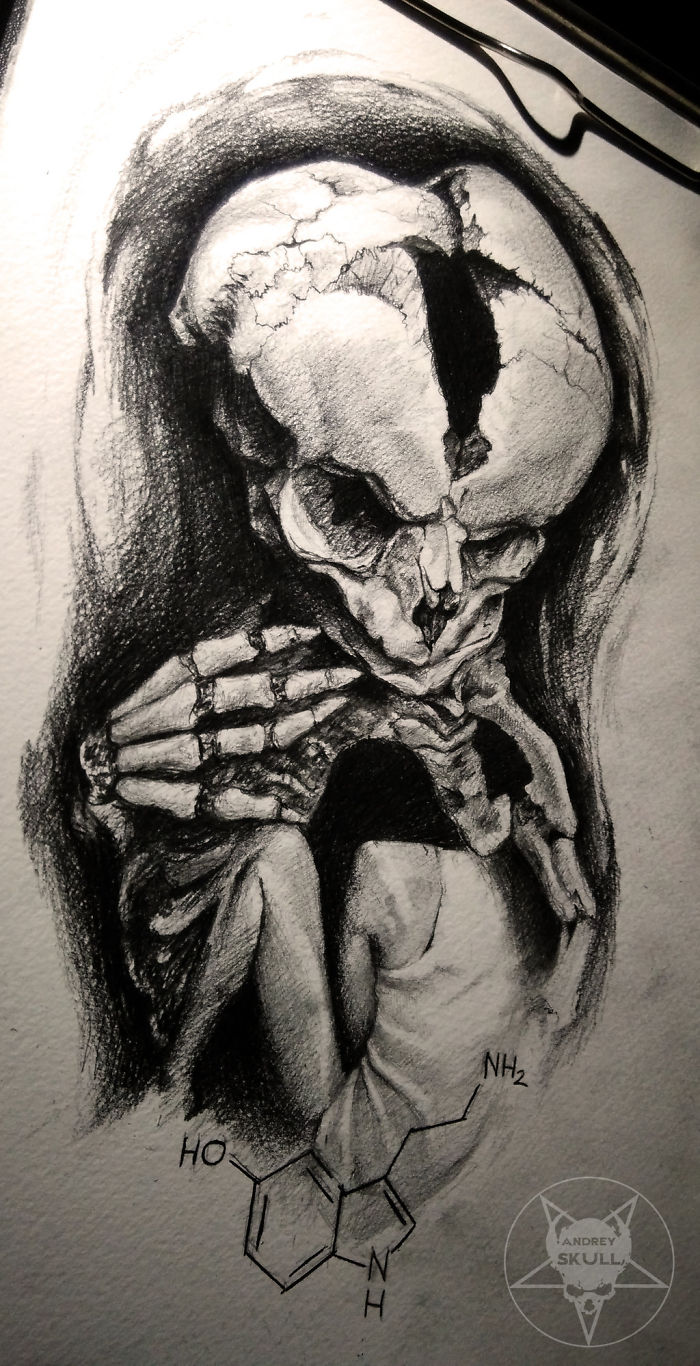 Sketched depiction of depression using imagery of a c*****d skull and skeleton, with serotonin molecule elements.