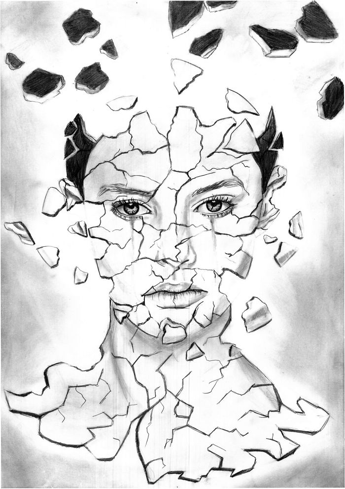 Illustration depicting depression as a fragmented face, pieces floating away, conveying the emotional struggle.